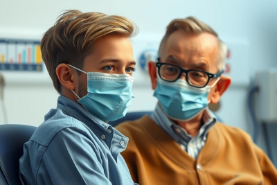 The image depicts a medical scenario with two individuals wearing surgical masks, which suggests the setting is likely within a healthcare facility. There are medical equipment such as tubes and wires visible in the background, indicating that this might be a hospital or clinic environment.