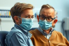 The image depicts a medical scenario with two individuals wearing surgical masks, which suggests the setting is likely within a healthcare facility. There are medical equipment such as tubes and wires visible in the background, indicating that this might be a hospital or clinic environment.