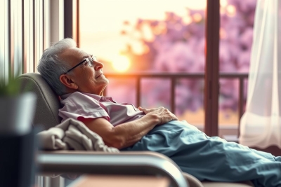 The image depicts an elderly man lying down in a comfortable indoor setting, possibly a living room or hospital room. He is wearing glasses and appears to be relaxed with his arms crossed over his chest. The environment suggests the photo was taken during sunset, given the warm light coming through the windows, which casts a gentle glow on the surroundings.