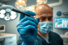 Surgeon wearing blue gloves and a mask holds a surgical instrument in an operating room. Bright overhead lights illuminate the scene, focusing on the medical professional and tools.