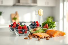 Healthy food arrangement on a kitchen counter. Features fresh strawberries, blueberries, avocado, salmon, almonds, and lettuce. Bright, natural light highlights vibrant colors of a nutritious, balanced diet. Focus on wellness and healthy eating lifestyle.