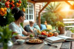 The image depicts a warm family scene. A woman and child are sitting at an outdoor table, surrounded by fresh fruits like apples, oranges, and bananas. The setting appears to be a sunny day with a garden backdrop, emphasizing a healthy lifestyle.