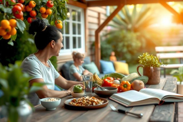The image depicts a warm family scene. A woman and child are sitting at an outdoor table, surrounded by fresh fruits like apples, oranges, and bananas. The setting appears to be a sunny day with a garden backdrop, emphasizing a healthy lifestyle.