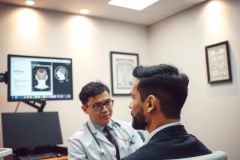 Doctor consults with a patient in a medical office. The doctor, wearing a white coat and glasses, is speaking with a man in a suit. Medical equipment and charts are visible in the background. Professional healthcare setting.
