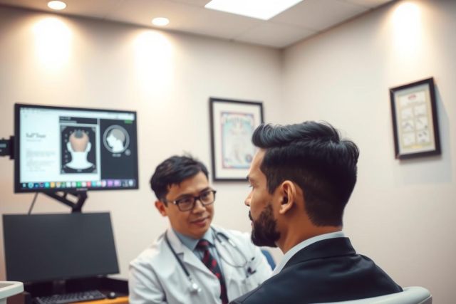 Doctor consults with a patient in a medical office. The doctor, wearing a white coat and glasses, is speaking with a man in a suit. Medical equipment and charts are visible in the background. Professional healthcare setting.