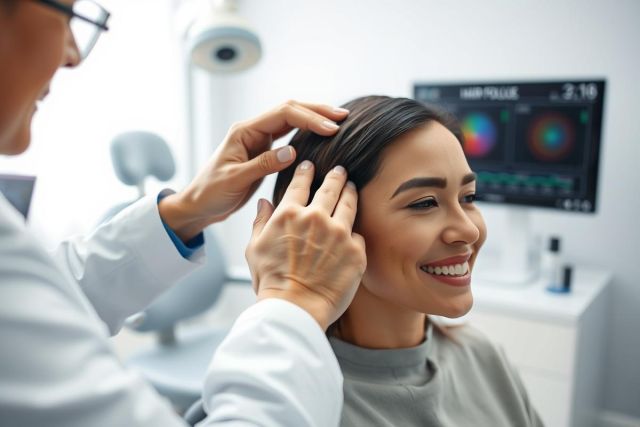 Woman undergoing hair follicle analysis with a doctor in a modern clinic. The image shows a close-up of the consultation process, featuring a medical professional examining the patient's scalp, with hair follicle scan visible in the background. Bright, clean environment.