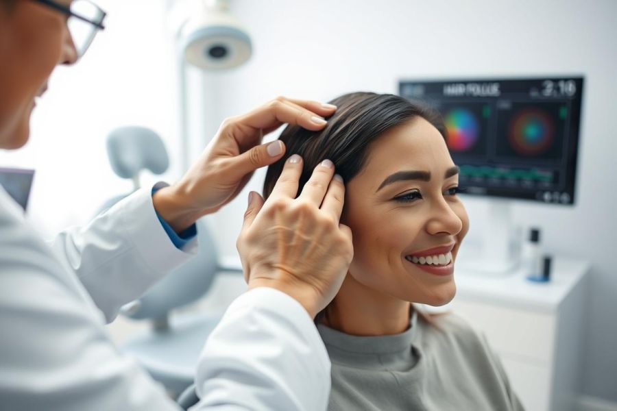 Woman undergoing hair follicle analysis with a doctor in a modern clinic. The image shows a close-up of the consultation process, featuring a medical professional examining the patient's scalp, with hair follicle scan visible in the background. Bright, clean environment.