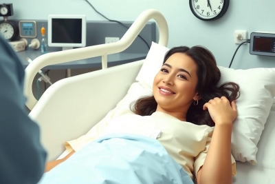 The image depicts a woman lying in a hospital bed, smiling towards the camera. She appears to be a patient receiving care and attention from medical staff. There is a clock on the wall indicating that this could be an ICU environment where time is crucial for monitoring patients' condition.