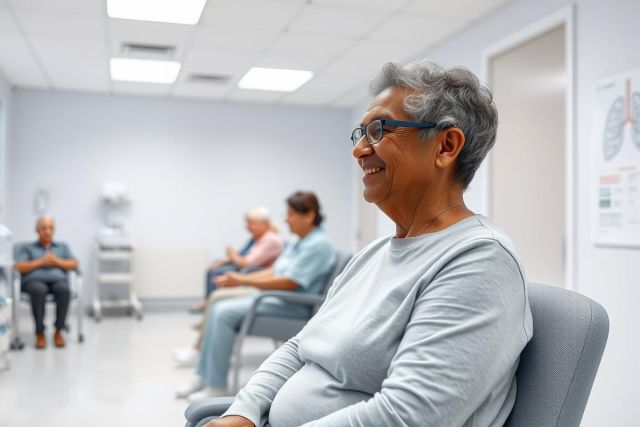 Diverse group of patients waiting in a bright, modern medical clinic. An older woman with glasses smiles, surrounded by other adults. The clinical setting features neutral colors and medical posters on the wall, suggesting a healthcare environment and routine checkups.