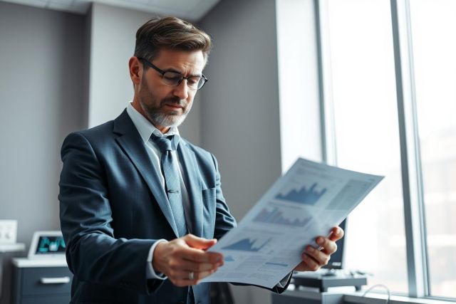 Mature businessman in a modern office reviewing financial charts. He wears glasses and a dark suit. The scene features a neutral color palette and suggests business analysis and data review.