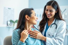Doctor examining a patient in a bright, modern clinic. Warm smiles and a stethoscope suggest a routine checkup. Healthcare, medical examination, and patient care are key themes in this image featuring blue and white tones.