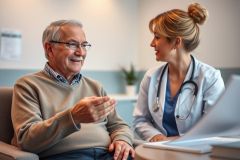 Senior man consulting with a female doctor in a bright, modern medical office. The scene shows a healthcare consultation with a focus on patient care and wellbeing. Warm tones and a friendly atmosphere.
