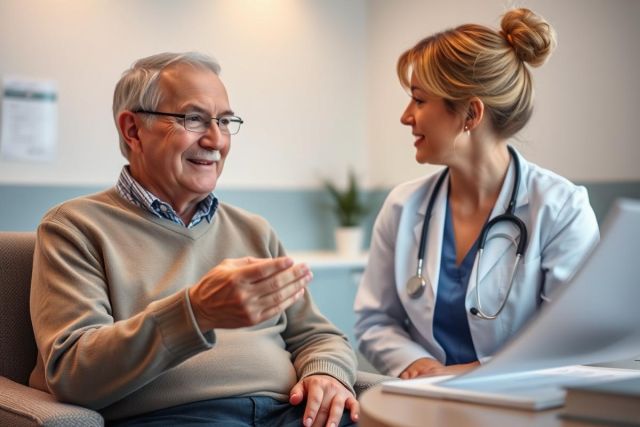 Senior man consulting with a female doctor in a bright, modern medical office. The scene shows a healthcare consultation with a focus on patient care and wellbeing. Warm tones and a friendly atmosphere.