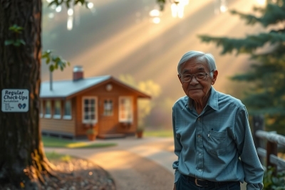 The image shows an older gentleman standing in a park-like setting. He has grey hair, is wearing glasses and a blue shirt. Behind him are sunlit trees which suggest it might be early morning or late afternoon. 