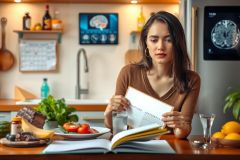 The image depicts a young woman engaged in various activities within her kitchen. She is standing behind the counter, focused on reading a piece of paper or a book. The kitchen features modern appliances and fixtures, including an oven and a refrigerator, as well as fresh produce such as bananas, tomatoes, and greens.