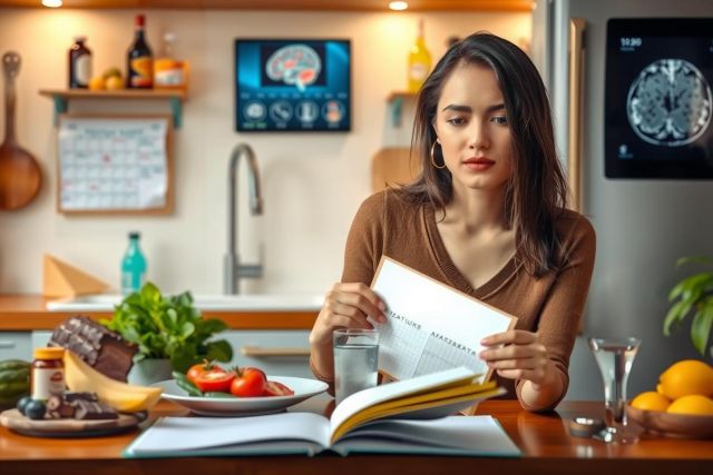 The image depicts a young woman engaged in various activities within her kitchen. She is standing behind the counter, focused on reading a piece of paper or a book. The kitchen features modern appliances and fixtures, including an oven and a refrigerator, as well as fresh produce such as bananas, tomatoes, and greens.