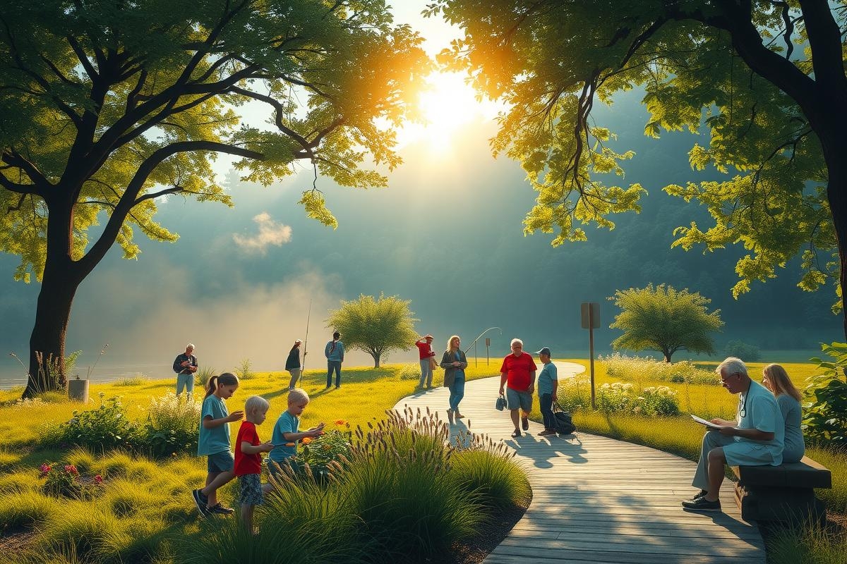 The image captures a serene park scene on what appears to be a sunny day. A group of people are enjoying their time in the open green space, engaging in various activities such as walking and picnicking. The park is lush with trees and vibrant with the colors of nature.