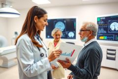Doctor discusses medical results with a patient in a clinic. Diagnostic images are visible on a screen. Healthcare, examination, and patient care concepts.