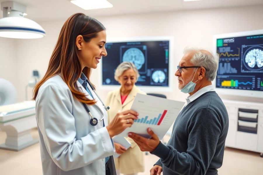 Doctor discusses medical results with a patient in a clinic. Diagnostic images are visible on a screen. Healthcare, examination, and patient care concepts.