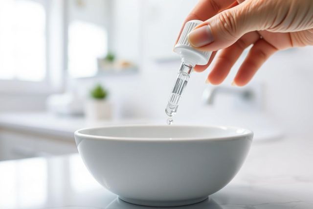 Close-up of a hand dispensing a clear liquid drop into a white bowl, likely skincare or essential oil. Clean, bright bathroom background with marble countertop and window. Focus on purity and wellness.