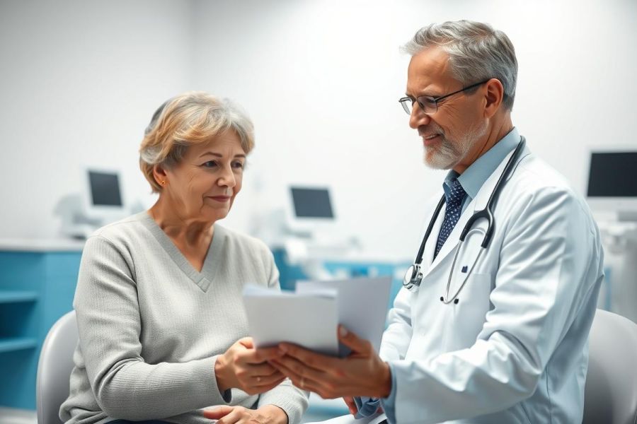 A doctor consults with an elderly patient in a modern clinic setting. The image shows a healthcare professional reviewing documents with a senior woman, emphasizing medical care, patient consultation, and health checkups. The scene features neutral colors and a professional atmosphere.