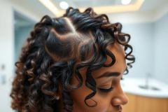 Close-up of a woman with beautiful curly hair styled in a braided and curled design, featuring highlights of brown and blonde. The hairstyle has a modern, elegant look, set against a blurred salon background. Black hair, curly hair, braids, highlights, hairstyle, beauty.