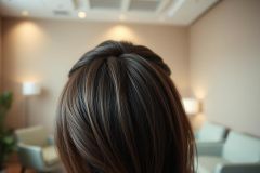 Close-up of dark brown hair with highlights, styled in a bun. The background shows a warm, neutral-toned waiting room with soft lighting. Focus on hair color and style, interior design, and a relaxing atmosphere. Ideal for hair salon or beauty-related searches.