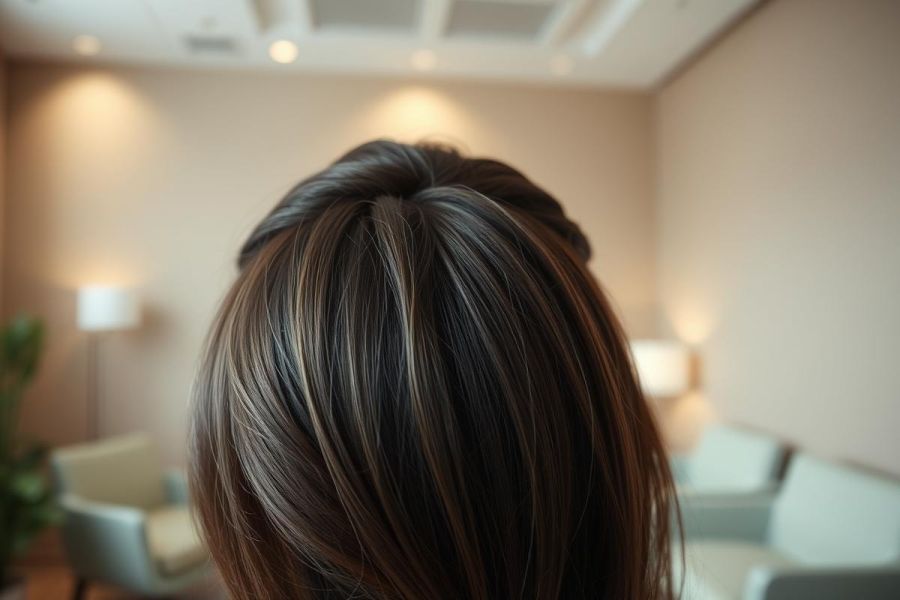 Close-up of dark brown hair with highlights, styled in a bun. The background shows a warm, neutral-toned waiting room with soft lighting. Focus on hair color and style, interior design, and a relaxing atmosphere. Ideal for hair salon or beauty-related searches.