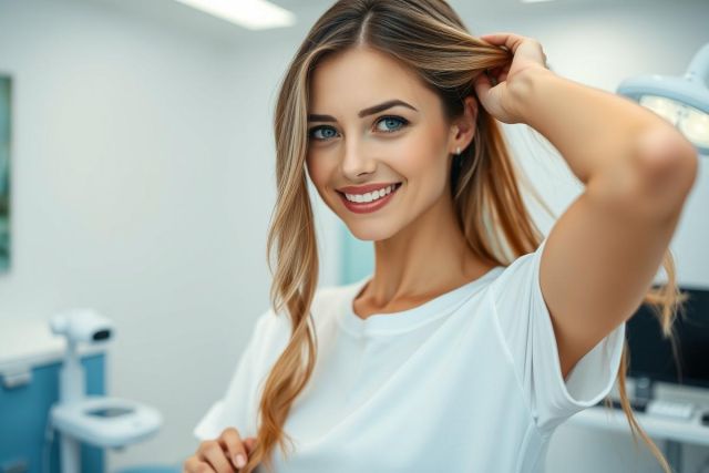 Smiling woman with beautiful teeth in a bright, modern dental office. She has long blonde hair and wears a white top. Clean, white background suggests a professional healthcare setting. Focus on healthy smile and dental care.