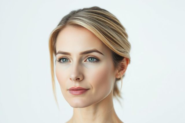 Portrait of a beautiful blonde woman with blue eyes and natural makeup. Clean, bright studio lighting highlights her flawless complexion against a white background. A classic, elegant beauty shot showcasing a sophisticated and modern aesthetic.