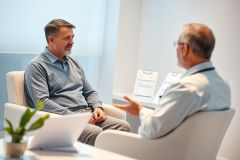 Doctor-patient consultation in a modern, bright clinic. A mature man with gray hair sits facing a doctor, discussing medical records. Calm blue and white tones create a professional healthcare setting. Focus on health, wellness, and medical advice.