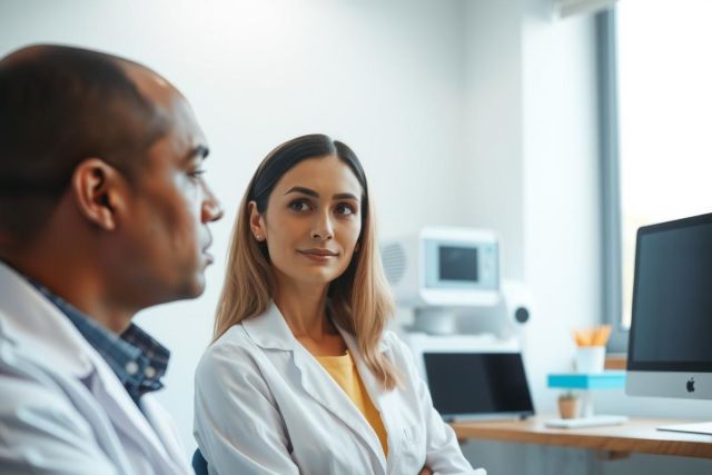 Two healthcare professionals, a man and a woman in lab coats, are in a modern medical office setting. The image showcases a clinical environment with medical equipment visible. It conveys a sense of professionalism and collaboration.