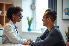 Doctor and patient in consultation. A female doctor in a white coat speaks with a male patient in a bright, modern office setting. Focus on healthcare, medical consultation, and patient care.