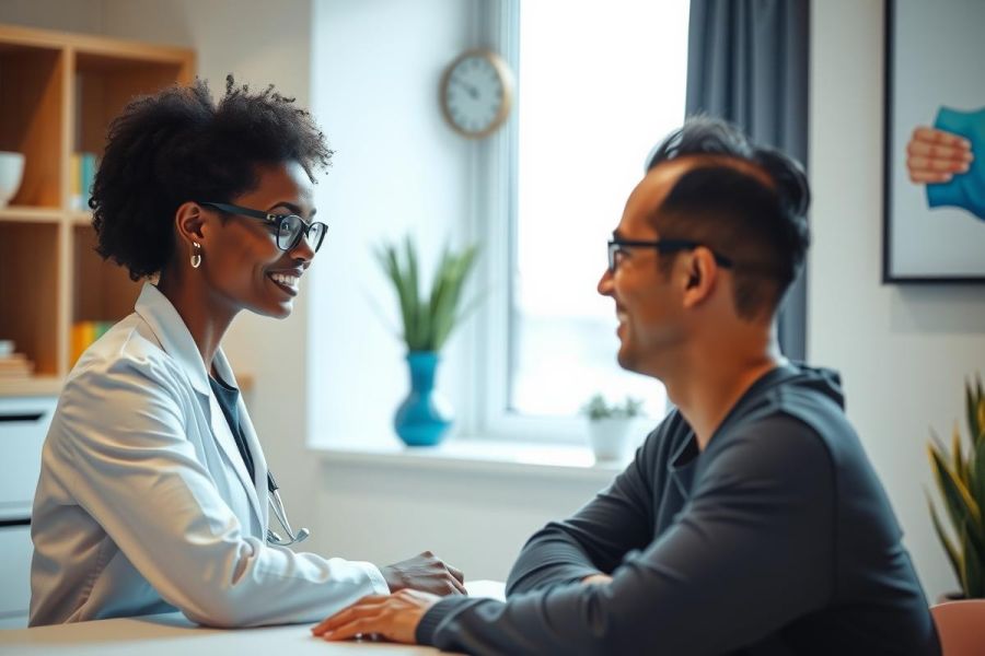 Doctor and patient in consultation. A female doctor in a white coat speaks with a male patient in a bright, modern office setting. Focus on healthcare, medical consultation, and patient care.