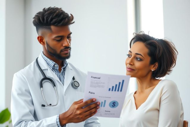 Doctor examines a patient, reviewing a graph. Healthcare professional in a white coat discussing medical results with a woman. Clinical setting, bright and modern.