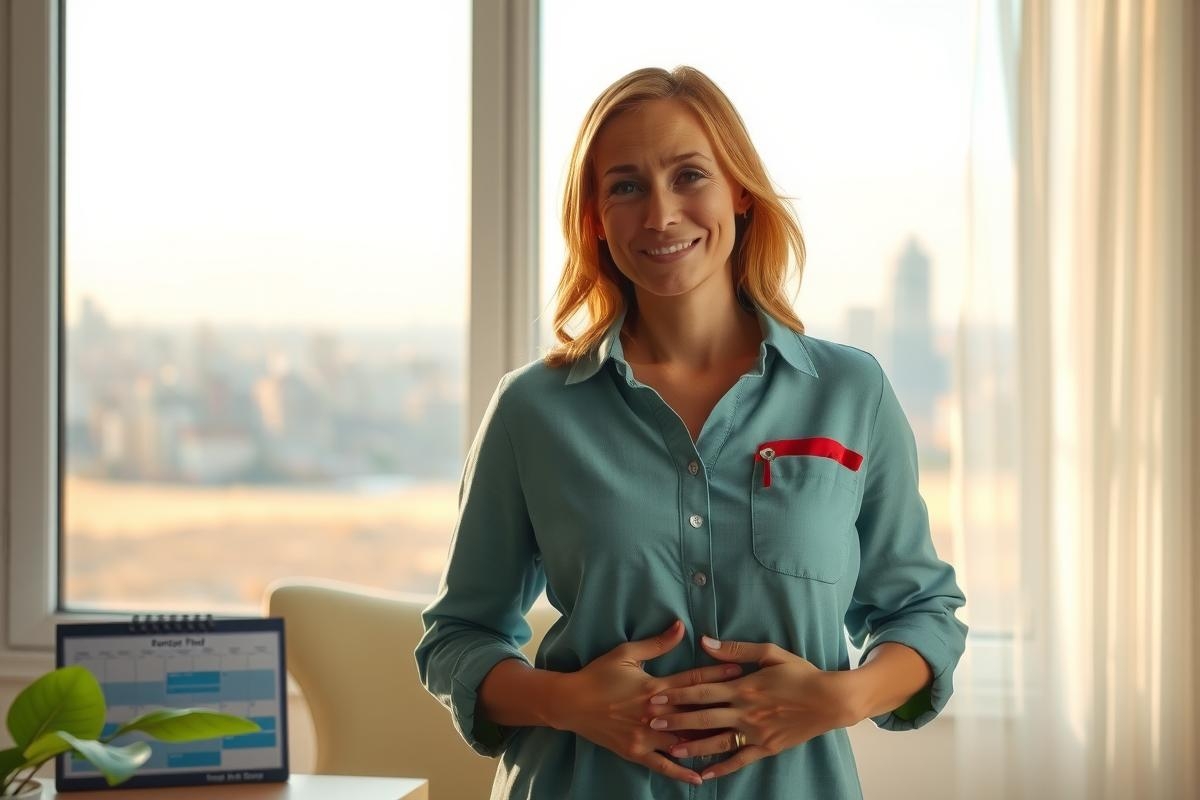 A woman standing in an office room, smiling at the camera. She is pregnant and wearing a blue button-down shirt. The room has large windows allowing natural light to fill the space.