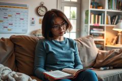 This image shows a person sitting on a couch in what appears to be a home environment. The individual is focused on reading a book or document, possibly engrossed in the content of the text. 