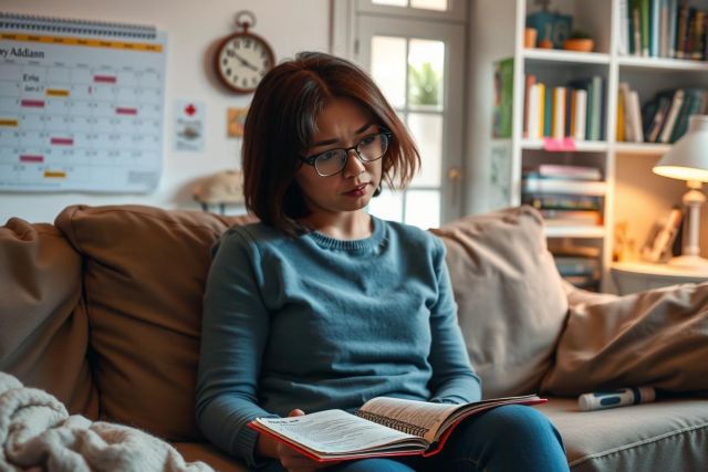 This image shows a person sitting on a couch in what appears to be a home environment. The individual is focused on reading a book or document, possibly engrossed in the content of the text. 