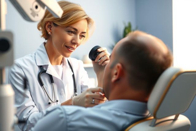 Doctor examines patient with otoscope in a clinic. Medical professional performs checkup, showing healthcare and wellness focus. Bright, clean environment, white coat, diagnostic tool.