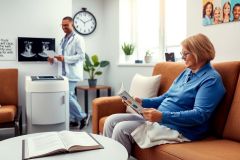 The image shows a medical office environment. In the foreground, there is an older woman seated on a couch with her legs crossed and appears to be reading a book or magazine. She has glasses on her head. To the left of the woman stands a man wearing a white lab coat, possibly a healthcare professional, such as a doctor or nurse, who seems to be consulting with the patient. 