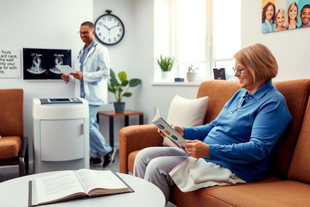 The image shows a medical office environment. In the foreground, there is an older woman seated on a couch with her legs crossed and appears to be reading a book or magazine. She has glasses on her head. To the left of the woman stands a man wearing a white lab coat, possibly a healthcare professional, such as a doctor or nurse, who seems to be consulting with the patient. 
