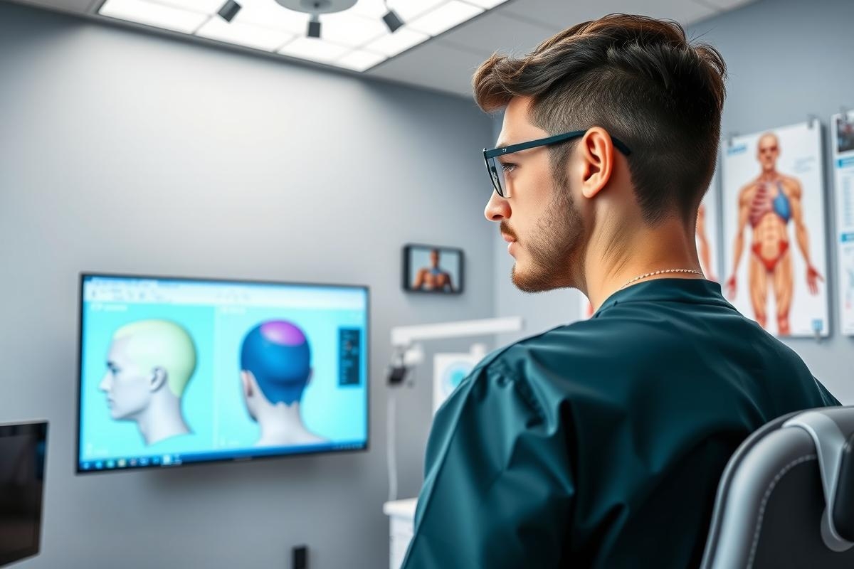 Surgeon examining a 3D model of a human head on a screen in an operating room. The scene features medical technology and a focus on anatomical visualization, potentially for surgical planning or training.