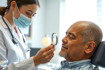 Doctor examines a patient's eye with a magnifying glass in a medical setting. Healthcare professional in white coat, patient seated, clinical environment.