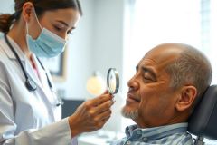 Doctor examines a patient's eye with a magnifying glass in a medical setting. Healthcare professional in white coat, patient seated, clinical environment.