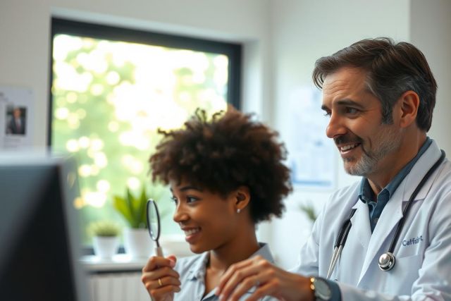 Two medical professionals, a man and a woman, in white coats examine a screen together in a modern clinic. A doctor's stethoscope is visible. Healthcare, medical examination, and teamwork are key themes.