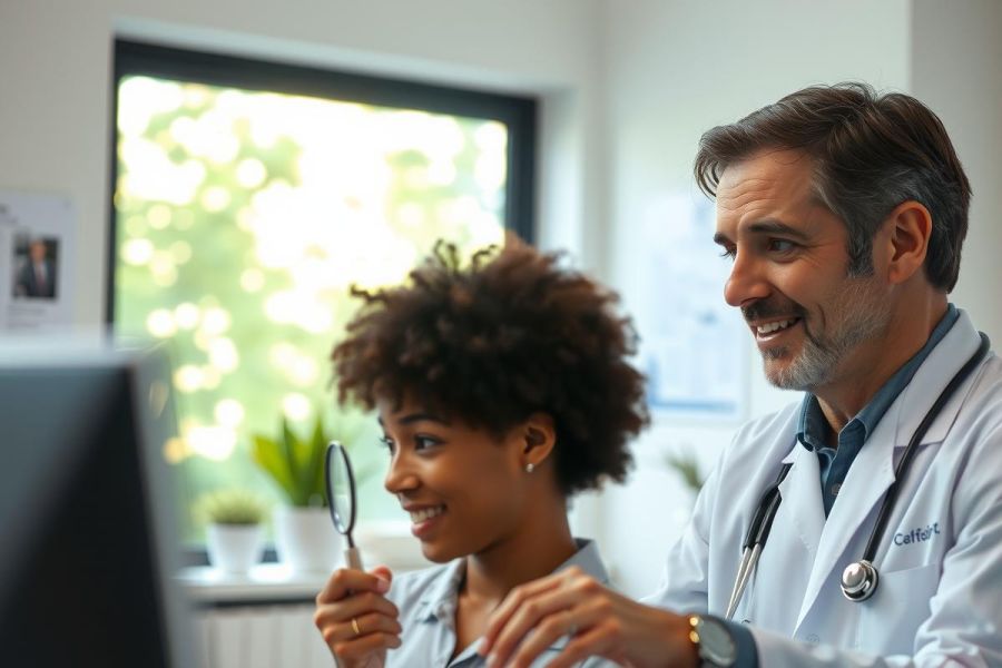 Two medical professionals, a man and a woman, in white coats examine a screen together in a modern clinic. A doctor's stethoscope is visible. Healthcare, medical examination, and teamwork are key themes.