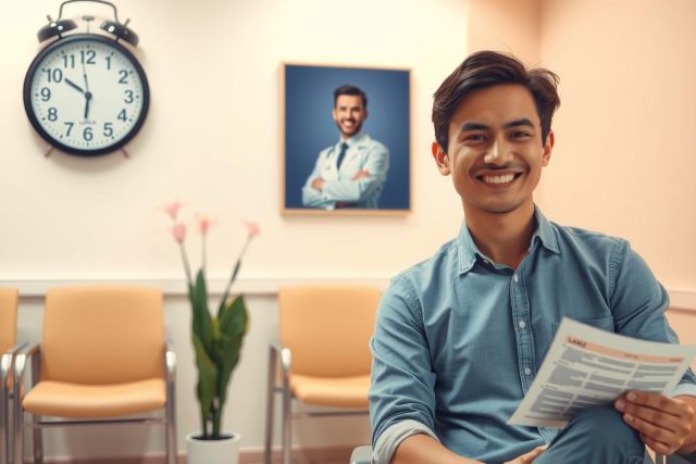 This image features a young man sitting in an office with a large photograph of another man on the wall behind him. The younger man is smiling at the camera and has a document in his hand, suggesting he might be reviewing or discussing the contents of the paperwork. There are chairs and decorative items like a vase and potted plant around the room, creating an environment that looks professional and well-maintained.