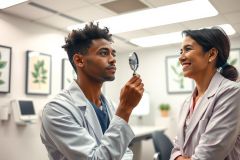 Two medical professionals in lab coats examine a plant specimen. A man holds a magnifying glass, showcasing botanical research or analysis in a bright, modern lab setting.