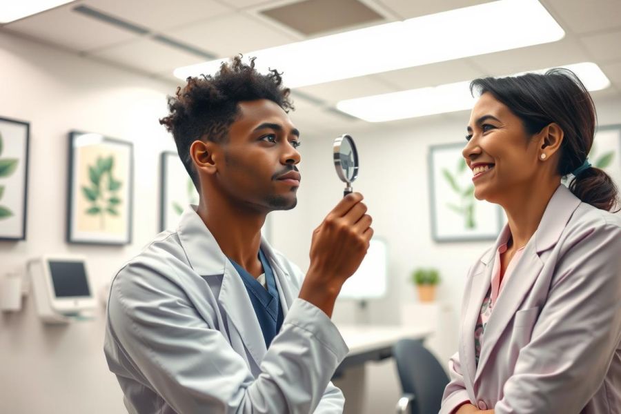 Two medical professionals in lab coats examine a plant specimen. A man holds a magnifying glass, showcasing botanical research or analysis in a bright, modern lab setting.