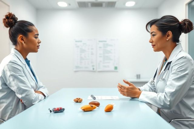 Two female doctors in white coats converse at a light blue table in a modern, sterile medical office. The scene features a focus on healthcare consultation and patient discussion, with anatomical models visible in the foreground. Bright, clean lighting and a minimalist environment create a professional atmosphere.